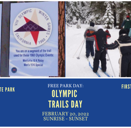 Image depicts Olympic Heritage signage and kids cross country skiing on the olympic heritage trail