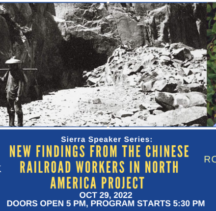 Speaker series poster featuring Roland Hsu and his presentation on the Chinese Railroad Workers